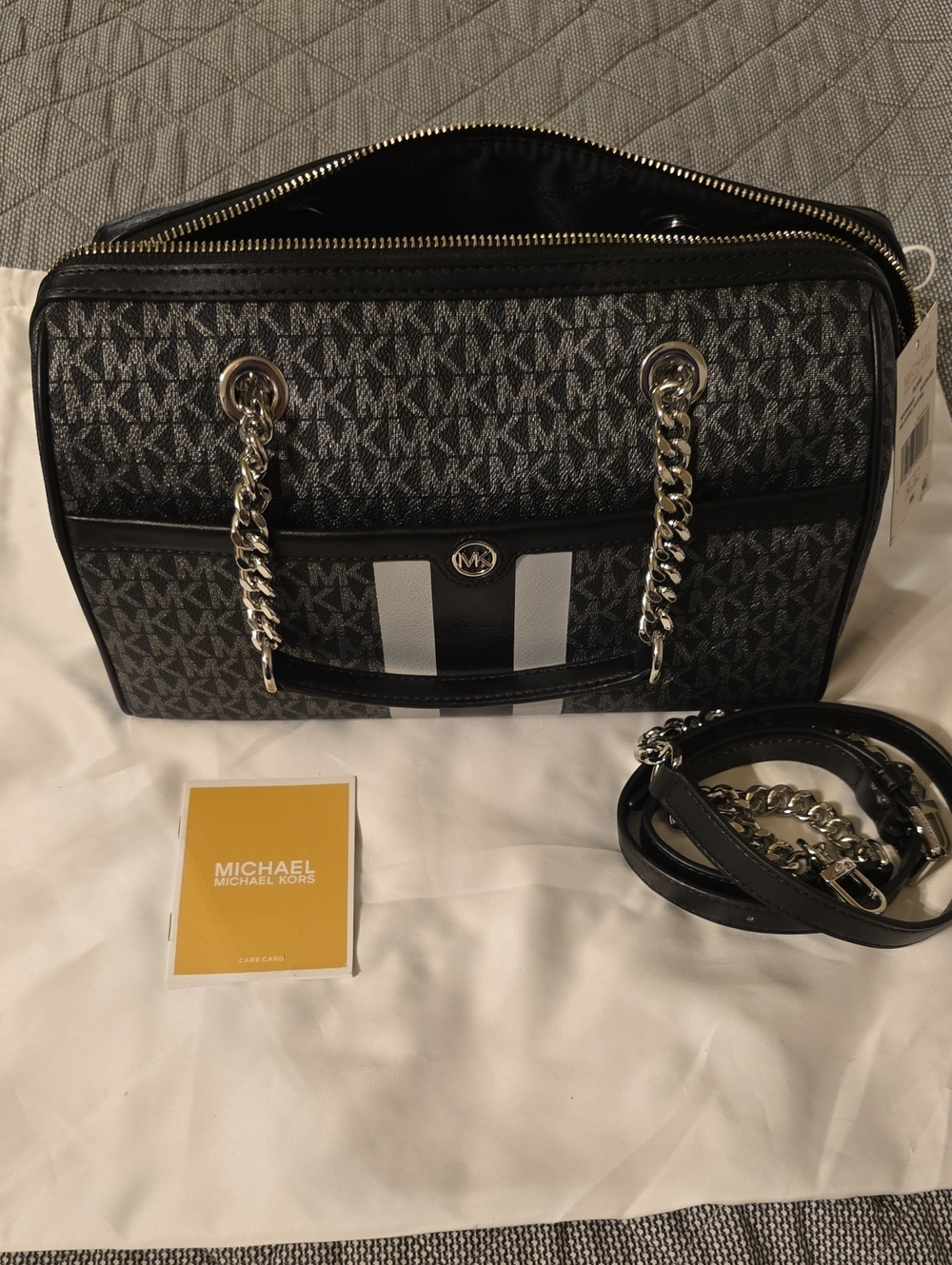 Michael Kors Black and Gray Logo Chain-Handle Shoulder Bag